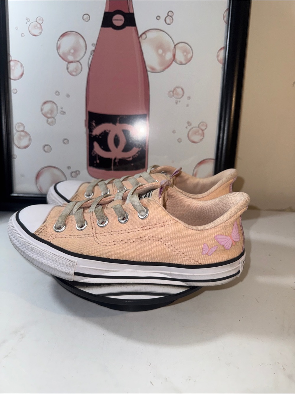 Converse Kids Low-Top Peach Sneakers with Pink Butterfly Detail - Size 2